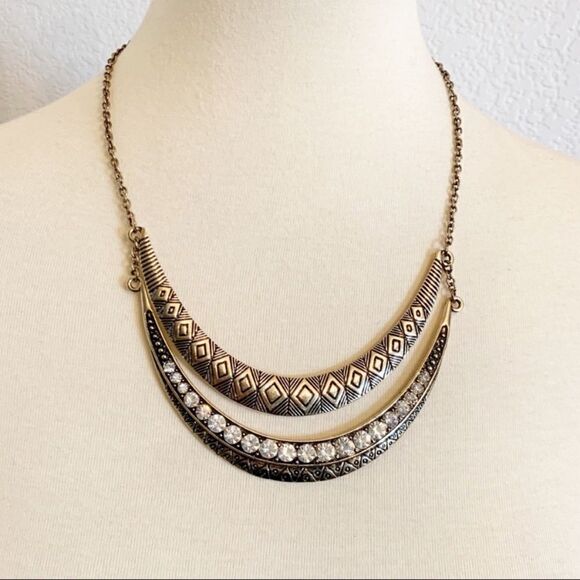 Tribal Collar Necklace Gold Rhinestone Boho - Picture 1 of 7